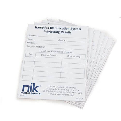 Narcotics identification system polytsting results forms for crime lab evidence analysis and documentation.